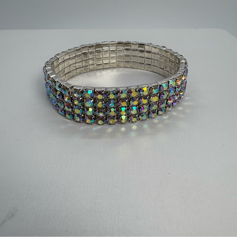 4 Row AB Crystal Rhinestone Stretch Iridescent Wedding Bracelet in Silver Tone